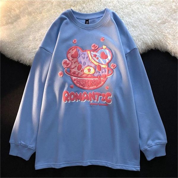 Hoodies femininos feminino fino outono coreano kawaii anime moletom femme bonito rosa manga longa gótico chique solto dos desenhos animados urso impressão menina