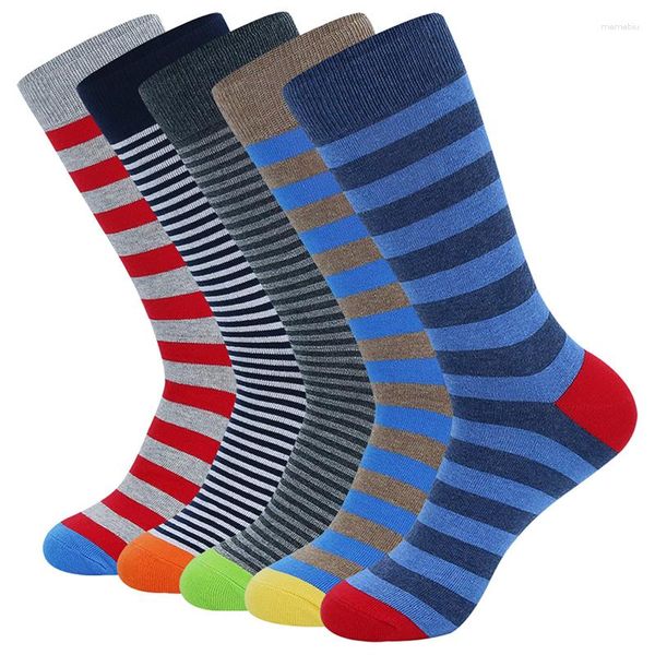 Мужские носки, 5 пар, мужские хлопковые деловые повседневные носки в полоску, красочные длинные, большие размеры, EU40-47