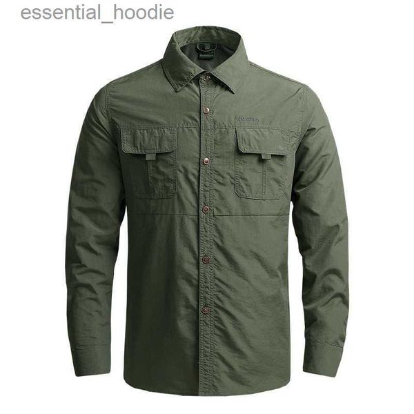 Camisas masculinas para 2023 verão 100% nylon secagem rápida respirável camisas masculinas verde preto carga mangas compridas roupas militares blusa casual l230921