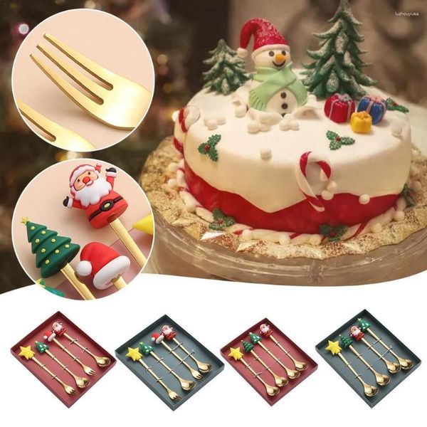 Kaffeeschaufeln, 4-teiliges Weihnachtslöffel-Gabel-Set, Elchbaum-Geschirr, Edelstahl, Tee-/Dessertschaufel, Weihnachtsdekoration, Geschenk