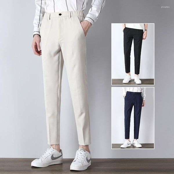 Abiti da uomo Pantaloni larghi dritti alla caviglia da uomo Pantaloni estivi tinta unita elasticizzati Business Casual Classici stili coreani Pantaloni sottili H53