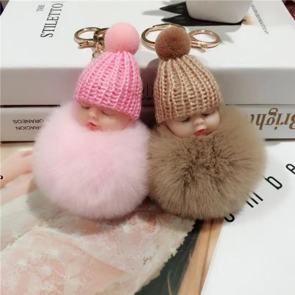 Sevimli uyku bebek peluş bebek anahtarlık yumuşak tavşan kürk top pom poms peluş peluş anahtar zinciri araba anahtar çanta hızlı nakliye ile anahtarlık 12 ll