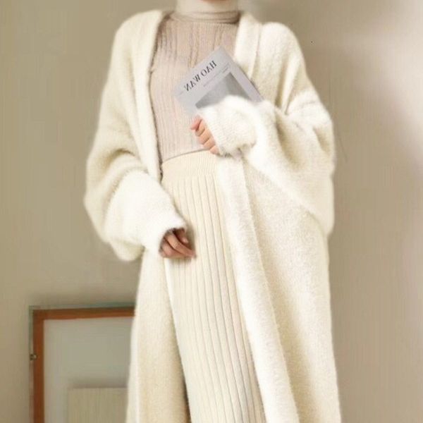 Женские вязаные футболки, белый длинный кардиган для женщин, зимняя одежда, вязаный пушистый кашемировый свитер с длинными рукавами, пальто в корейском стиле, теплый винтаж 230922
