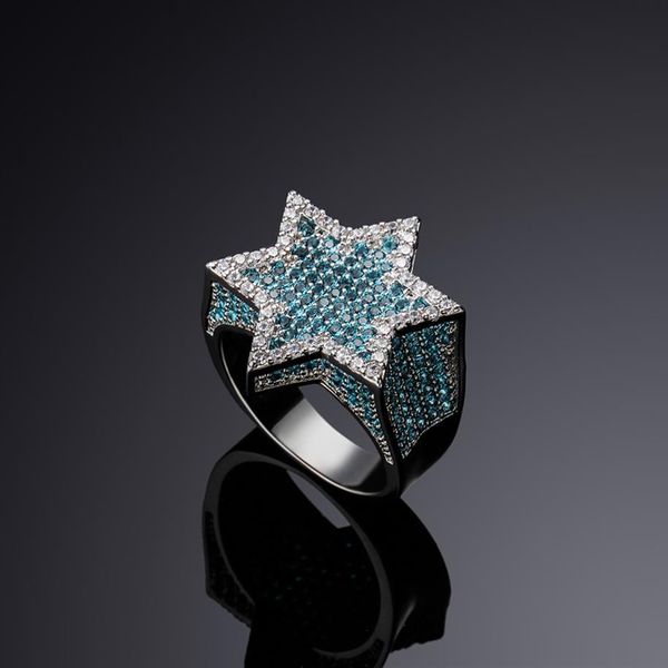 Novo hexágono estrela prata cor azul gelado zircão cúbico com pedras laterais anéis micro pavimentado diamante hip hop jóias para presentes2580