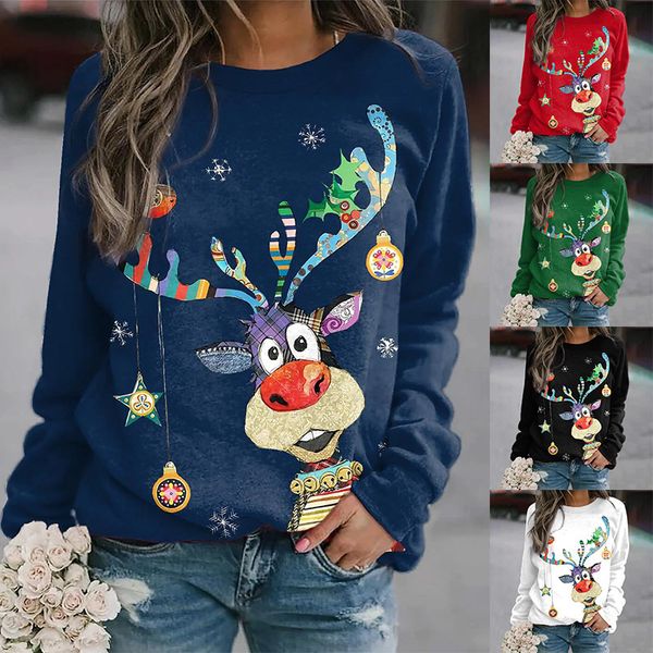 Kadın Sweaters Sonbahar Kış Noel Süvari Vintage Zarif Üstler Bayanlar Yuvarlak Boyun Hayvan Baskısı Uzun Kollu Sokak Moda Kardan Adam T-Shirt 230922