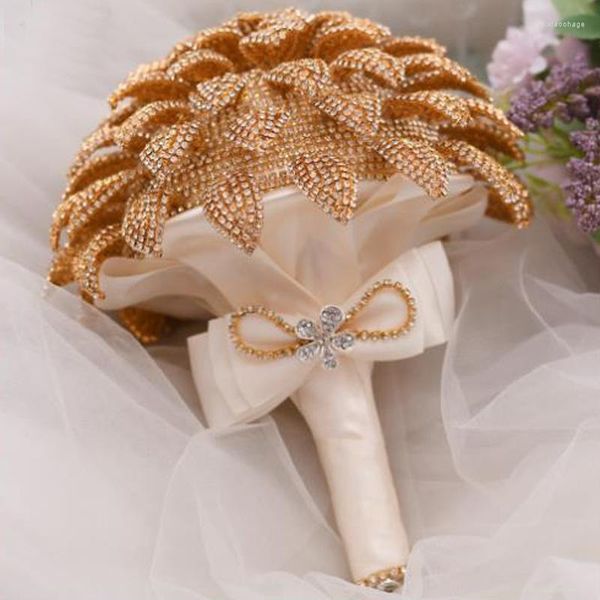 Fiori decorativi Bouquet da sposa Bellezza Fiore della sposa in cristallo Accessorio per la festa nuziale Argento Mano della sposa Lussuoso diamante in oro