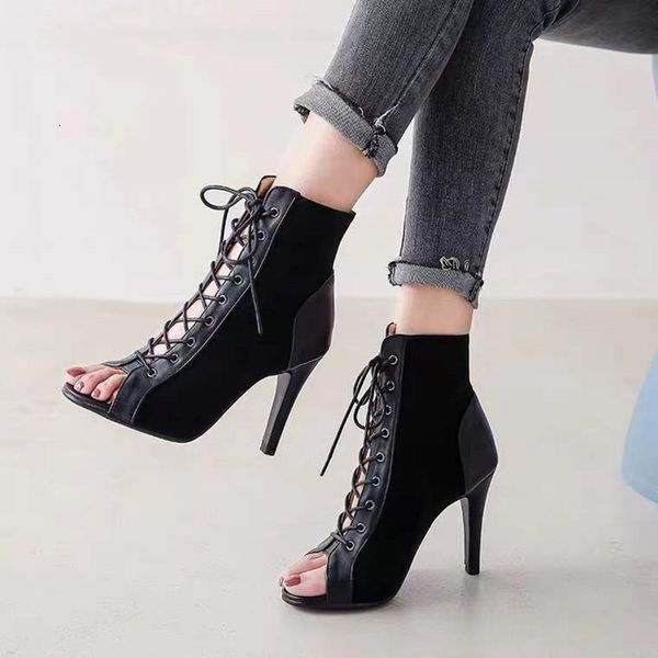 Yukarı terlik dantel sandalet topuklu ayakkabılar cm kadın s ayakkabı yaz trend siyah seksi gözetleme ayak parmağı botlar moda kumaş stilettos caz dan c ayakkabı boot fahion stiletto