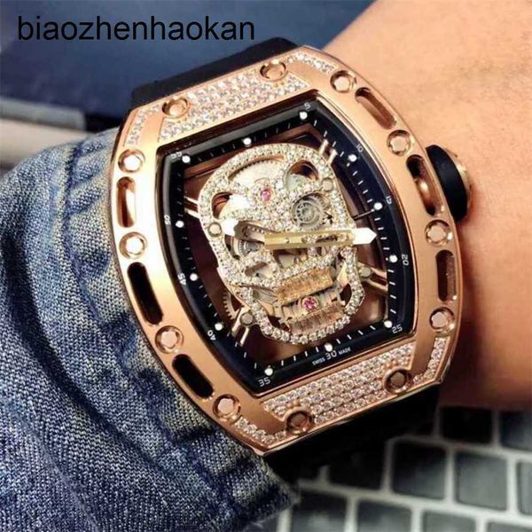 Richardmill Relógios Milles Relógio Business Leisure Masculino Cabeça de caveira mecânica totalmente automática cheia de estrelas com fita de diamante Personalizada Fashion Glow 8p7e