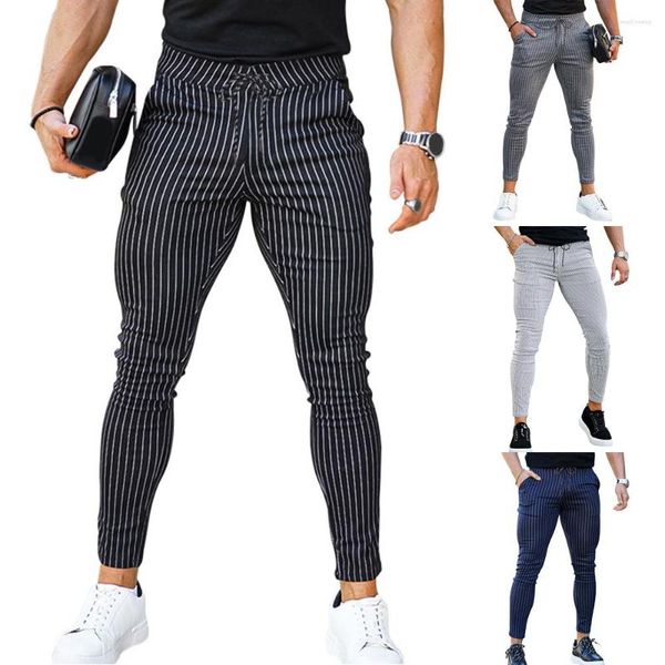Erkek pantolon adam rahat siyah beyaz sıska kalem moda erkek kıyafetler ince fit klasik çizgili pantolon trend düz uzun pantolon homme