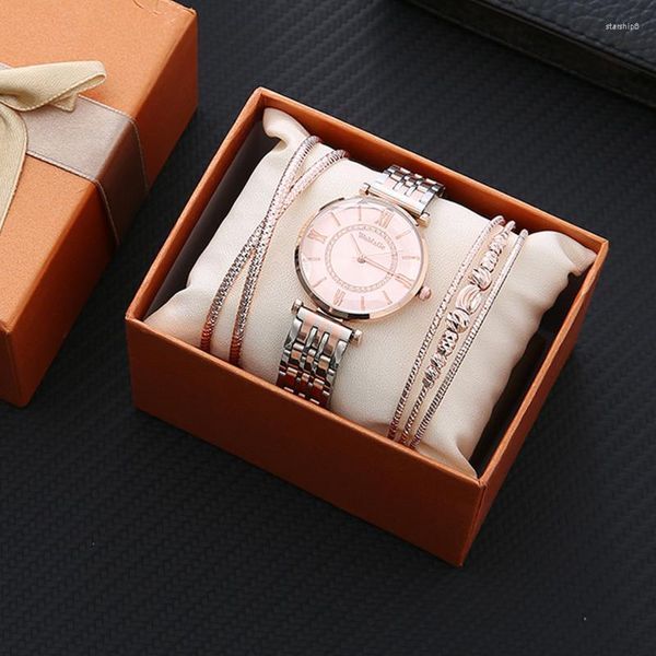 Наручные часы кварцевые часы для женщин роскошный модный подарочный набор браслет из гальванического сплава из трех частей женские часы коробка Relaxo Femino