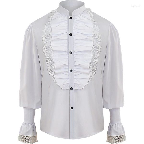 Camicie eleganti da uomo Camicie eleganti in cotone bianco con volant Colletto alla coreana Maniche a lanterna Top vittoriano medievale Camicia Steampunk Abbigliamento da festa Gotico vintage