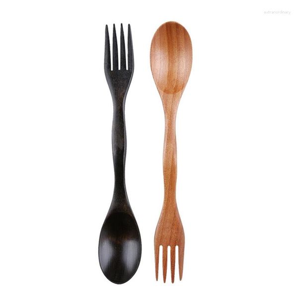 Gabeln 100 teile/los Schwarz Braun 2 In1 Natürliche Holz Besteck Doppel Kopf Suppe Löffel Gabel Abendessen Set DIY Küche Zubehör