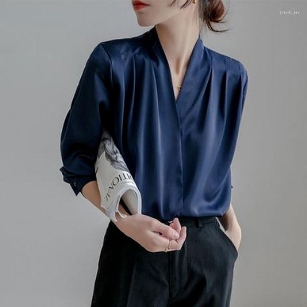 Damenblusen Marineblaues Fleckhemd Bürodame Elegante Bluse Frühling Sommer Modekleidung für Frauen 2023 Koreanisch V-Ausschnitt Langarm