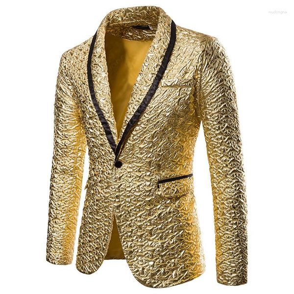 Ternos masculinos brilhantes de ouro glitter terno jaqueta masculina 2024 marca xale colarinho um botão blazer masculino festa casamento noivo vestido baile blazers