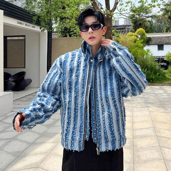 Мужские куртки SYUHGFA Джинсовая куртка Нишевый дизайн Трехмерная полосатая кисточка с воротником-стойкой на молнии Корейская мода Tide
