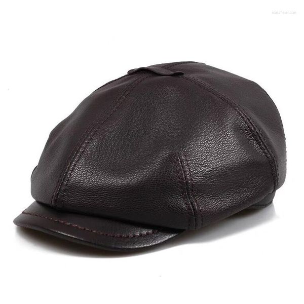 Berets 2023 Couro Genuíno Chapéu Cap Cinto De Pele De Carneiro Boina Quente Inverno Algodão Homens Estofamento Marca Caça Cap / Hat Ear Flap