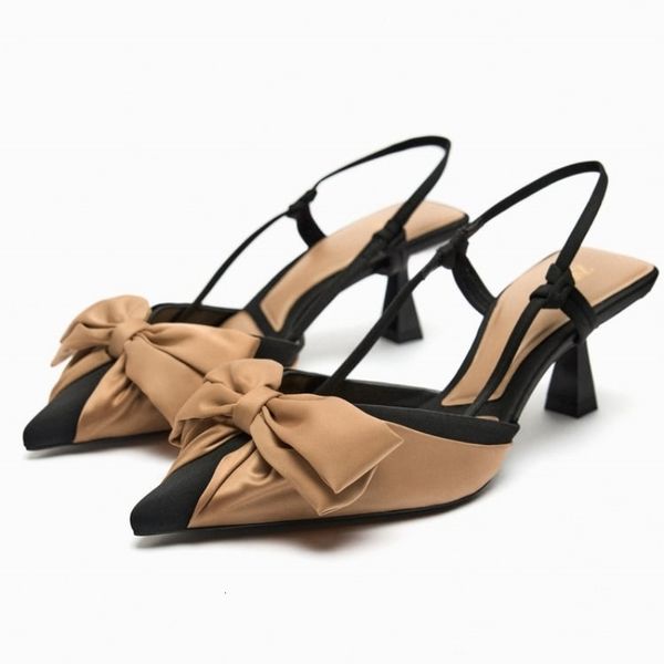 Sapatos de vestido traf mulheres chique arco saltos outono elegante apontado dedo do pé salto estilingue escritório senhora bombas feminino casual baixo salto mules 230921