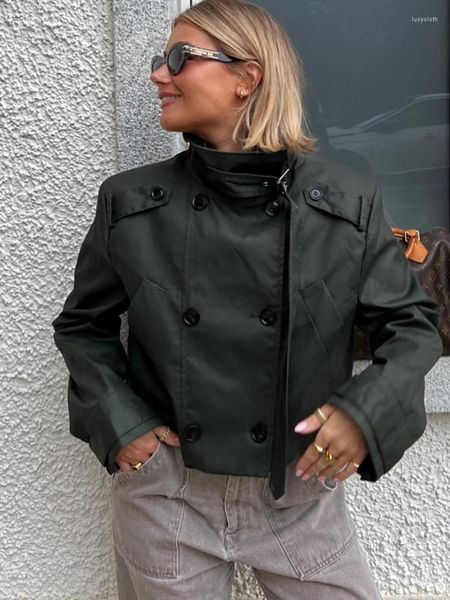 Damenjacken Schwarz Kurze Jacke Frauen Herbst Winter Zweireiher Mantel Lose Beiläufige Stehkragen Streetwear Solide Tops 2023