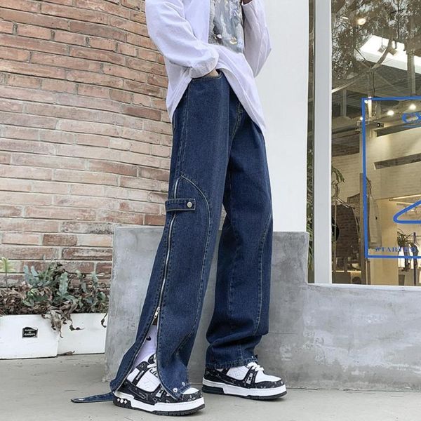 Jeans da uomo American High Street Moda uomo Harajuku Gamba con apertura Design con cerniera Pantaloni in denim oversize Pantaloni hip-hop lavati