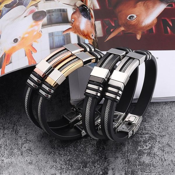 Charme pulseiras 4 cores de aço inoxidável pulseira de silicone homens jóias pulseira estilo punk design presente de borracha