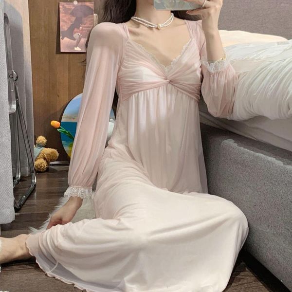 Mulheres sleepwear princesa renda camisola com decote em v manga longa vestido de casa com sutiã sexy malha multicamadas para feminino romântico nightwear