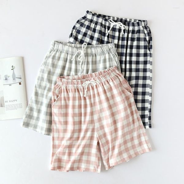 Mulheres sleepwear algodão verão shorts sleep bottoms mulheres japonês simples xadrez calças plus size curto casa