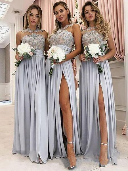 2023 Brautjungfernkleid mit silberner Spitze und Applikationen, günstig, langes formelles Party-Abend-Abschlussballkleid, Hochzeit, Party, Gast, Trauzeugin