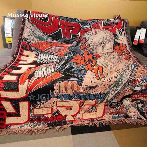 Decken Chainsaw Man Anime Gewebte Decke Baumwolle Überwurf Handtuch Wandteppich Tagesdecke Outdoor Camp Strandtücher Sofa Stuhlbezug Matte Teppich Quaste HKD230922