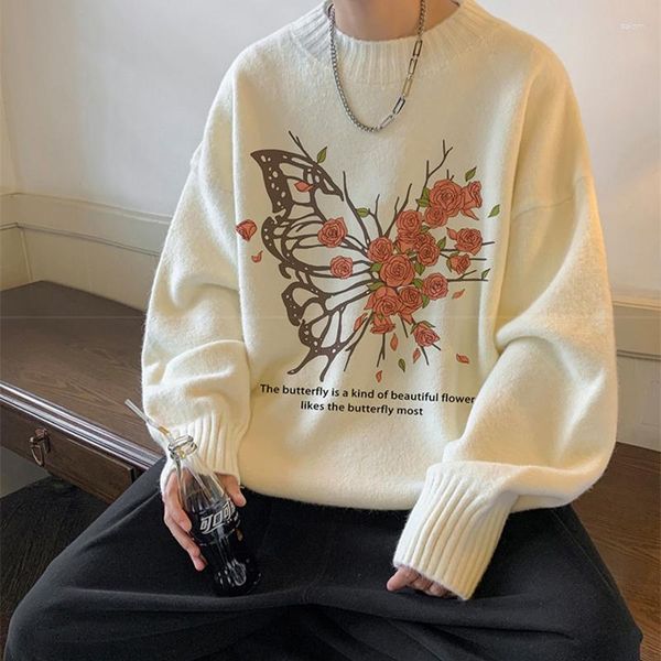Мужские свитера, вязаный свитер с граффити, цветочным принтом и бабочкой для мужчин, винтажные пуловеры Y2K, Джерси Mujer, осенний уличный трикотаж большого размера