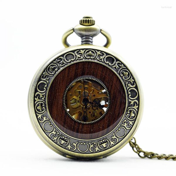 Relógios de bolso steampunk manual relógio mecânico vintage elegante masculino corrente fob especial relógio oco de madeira presente