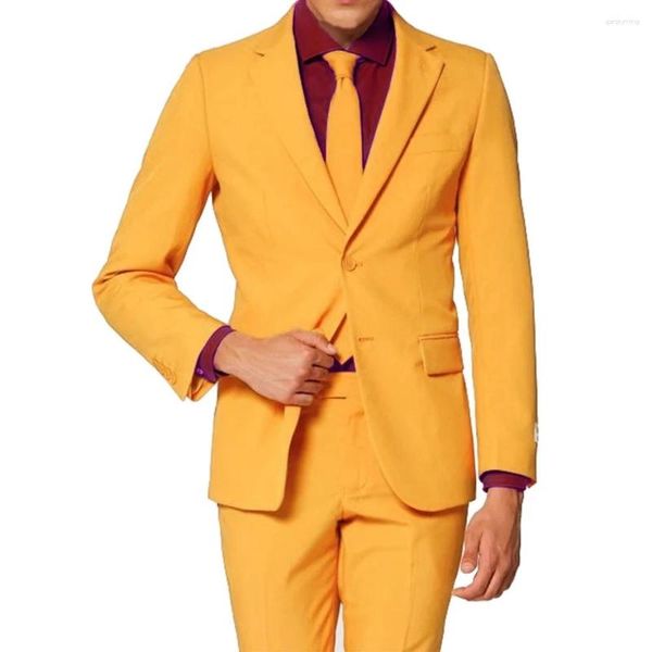 Ternos masculinos laranja entalhe lapela dois botões traje feito casamento fino ajuste blazer 2 pçs jaqueta calça noivo smoking terno masculino baile
