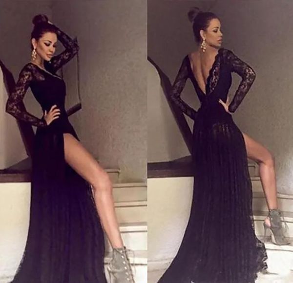 Vestidos de noite preto renda baile de formatura vestido de festa personalizado plus size zíper rendas até nova sereia trompete manga longa com decote em v coxa-alta fendas sem costas