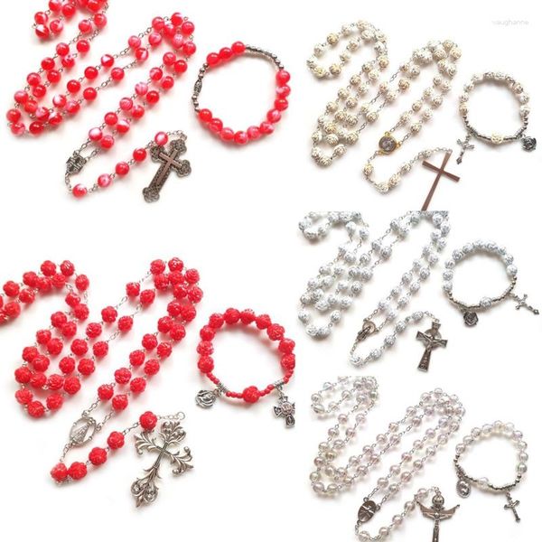 Colar brincos conjunto acrílico contas pulseira rosário longo cruz pingente religioso para homens mulheres