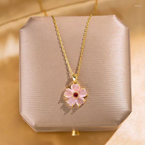 Ketten Kreative Kirschblüte Anhänger Halskette Für Frauen Kristall Zirkon Rose Opal Liebe Herz Blume Schlüsselbein Kette Romantische Schmuck