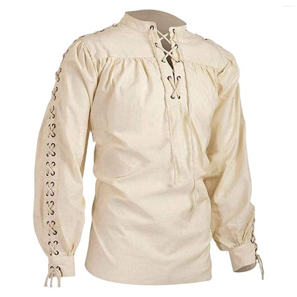 Homens casuais camisas medievais homens túnica pirata traje gótico roupas vintage camisa plissado decote cordão cavaleiro cosplay halloween