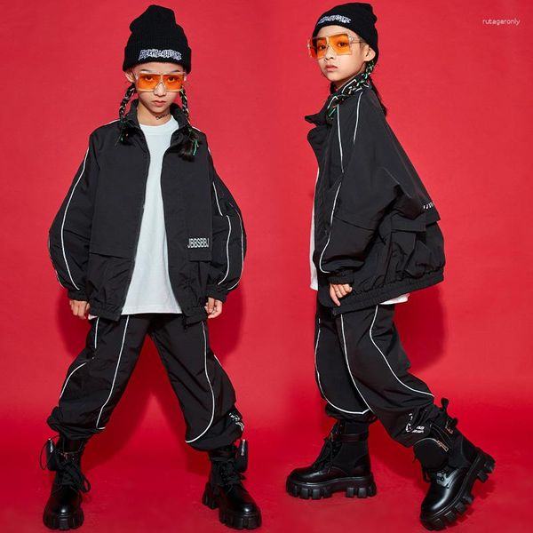 Bühnenkleidung Hip Hop Tanzkostüme Jazz Outfit Langarmjacke Mädchen Schwarze Tops Hosen Jungen Straßenkleidung BL5456