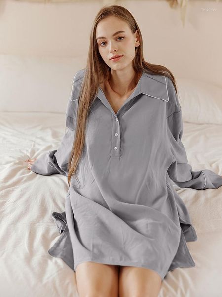 Женская одежда для сна Hiloc, серое ночное платье, женское свободное платье 2023 с отложным воротником, сексуальная привлекательная ночная рубашка, осенние женские платья