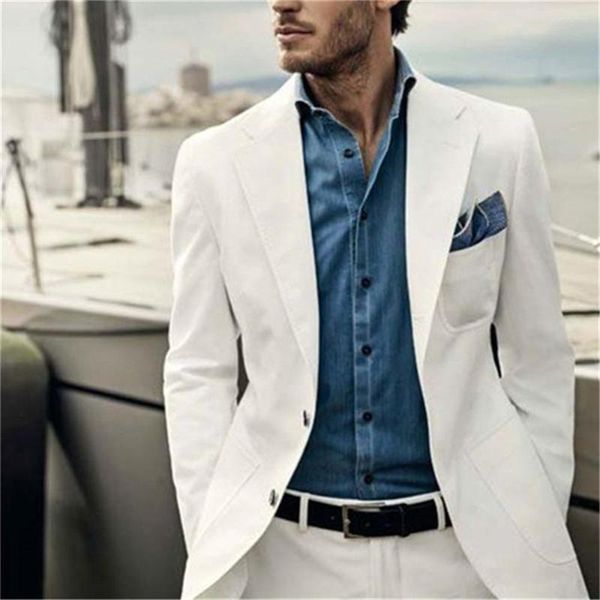 Ternos masculinos marfim 2 peças de linho noivo smoking para praia casamento fino ajuste dos homens baile de formatura jantar casual blazer masculino terno do padrinho masculino