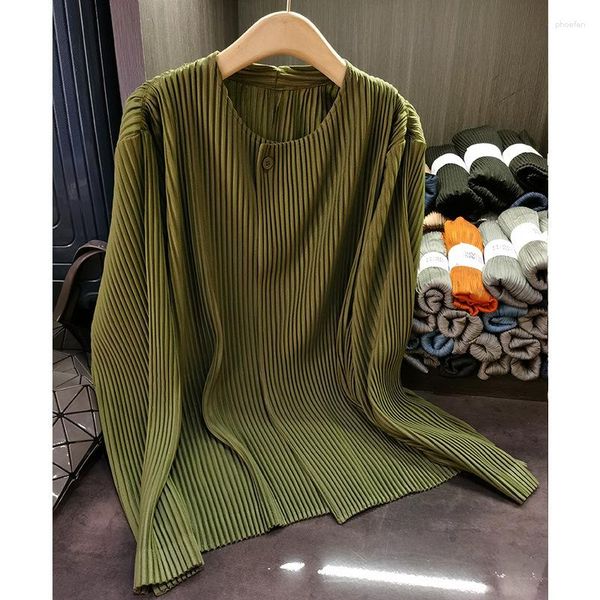 Women's Blouses High-end Miyake Round Neck One-button Pleated Blouse Temperament Commuting Loose Versatile Long-sleeved Shirt Female Fall