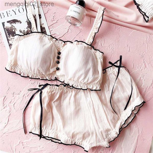 BHs Sets Wriufred Baumwolle Tube Top Unterwäsche Set Mädchen Draht frei Home Pyjamas Nachtwäsche süße süße BH Set Frauen Dessous mittlere Taille Höschen Q230922