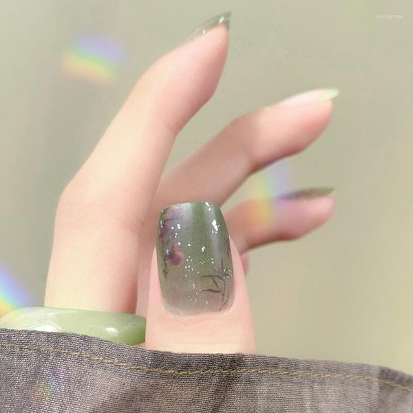 Unhas falsas adesivos de unhas macias de bambu mancha verde semi-transparente produtos de desgaste à prova d'água