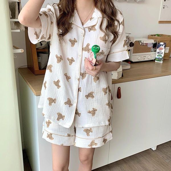 Mulheres sleepwear cartoon urso verão pijama conjunto mulheres kawaii engraçado casa terno macio único breasted camisas shorts duas peças