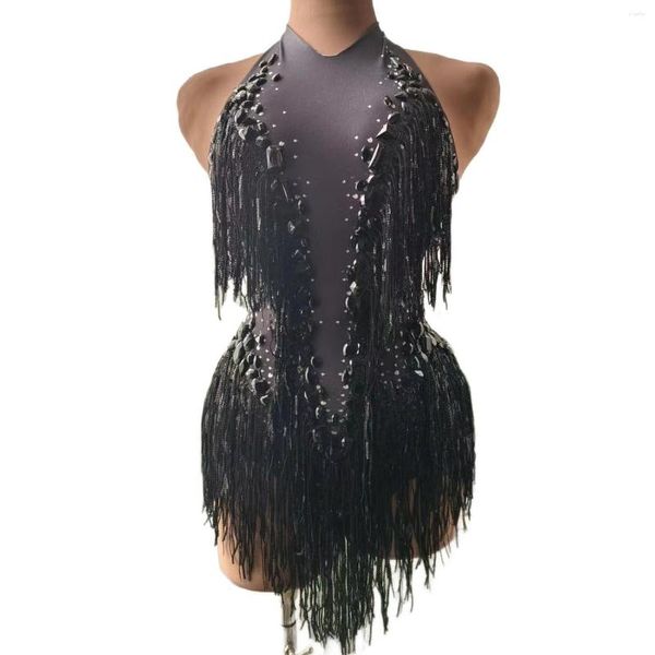 Abbigliamento da palcoscenico Abito da discoteca Costume da ballo Costume intero da spettacolo sexy Luccicante pietre nere Paillettes Frange Body