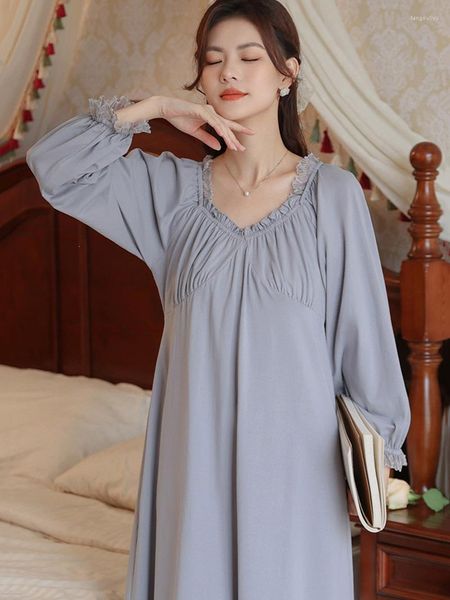 Kadın pijama kadınları uzun kollu Victoria Nightgowns gece elbisesi bahar pamuk kırıntıları peri pijamaları fransız vintage prenses gevşek