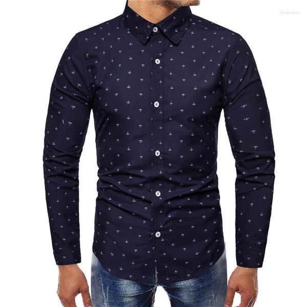 Camisas casuais masculinas bolinhas manga comprida slim fit camisa masculina estampada moda regular