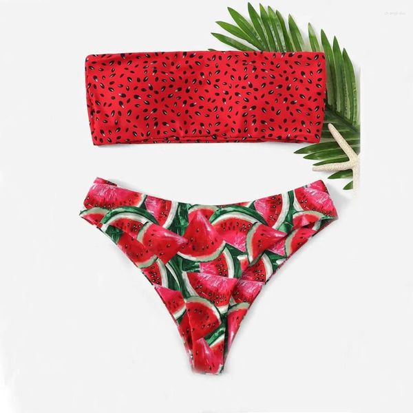 Mulheres Swimwear Melancia Bandeau Bikini Set Siwmwear Mulheres Cintura Alta Maiô Sexy Acolchoado Frutas Maiô Maillot De Bain