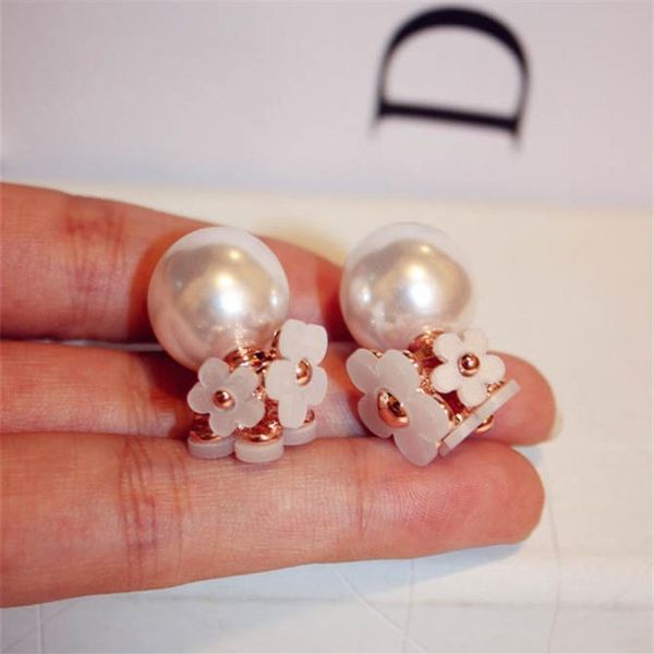 Orecchini a bottone carini in stile semplice e alla moda per donne dal design unico, orecchini di perle con fiore a doppia faccia, gioielli eleganti neri whi236z