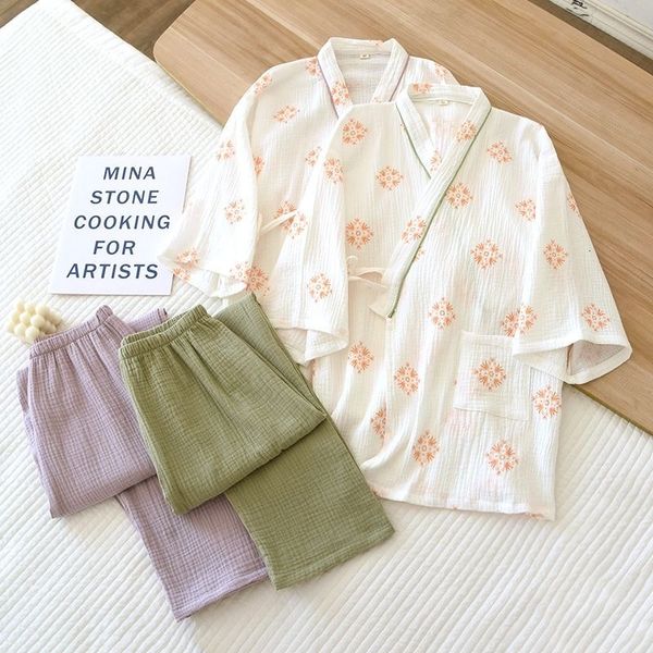 Sexy Pyjamas im japanischen Stil, Kimono-Damenpyjamas, 2er-Set, süße Pyjamas mit Blumendruck, Dreiviertelärmel, weiblich, 100 % Baumwollgaze, Heimkleidung 230922