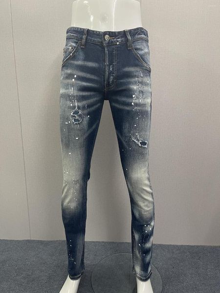 Мужские джинсы 2023, модные, с дырками, всплеск чернил, краска, приталенный крой, маленькая нога для мужчин
