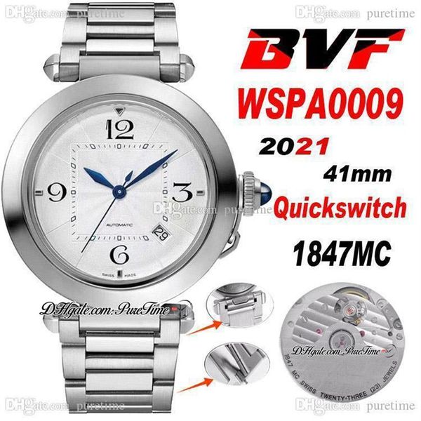 BVF 41mm Pasha WSPA0009 1847MC orologio automatico da uomo quadrante argentato indici grandi numeri lancette blu bracciale in acciaio inossidabile Super Editi213c